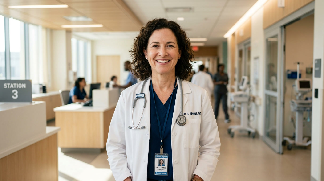 Friendly female doctor with stethoscope in modern hospital