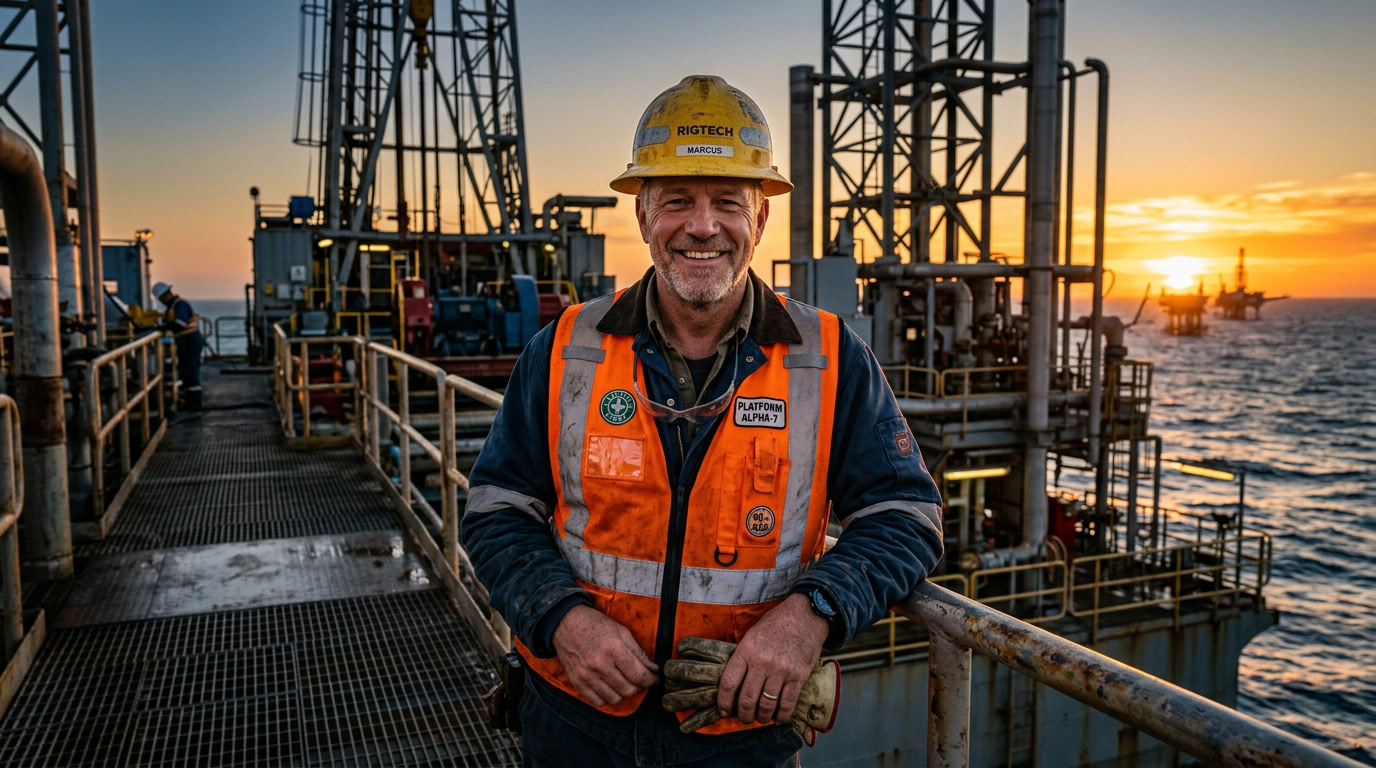 Experienced male oil field worker in safety vest and hard hat on oil rig platform