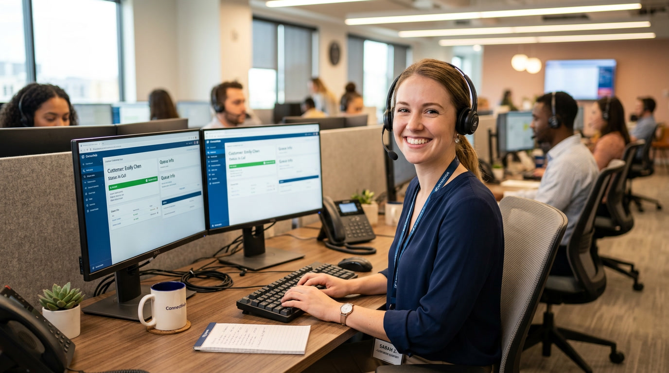 Friendly professional answering calls with AI phone system